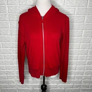 TOMMY HILFIGER Vintage Y2K Red Zip Front Knit Hoodie Sweatshirt Size L